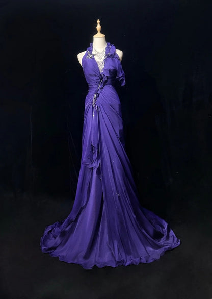 Vintage Abschlussballkleider Meerjungfrau V-Ausschnitt Lila Chiffon mit Rüschen Langem Abschlussballkleid N3110 im Stil der 1960er Jahre