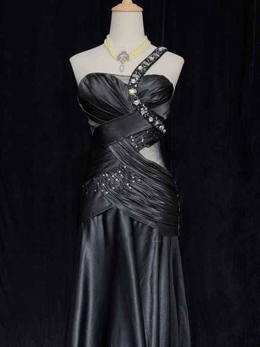 Vintage Prom Dresses 80s Mermaid One Shoulder Black Tie Dress With Beading Semi Formal Evening Outfits N3636