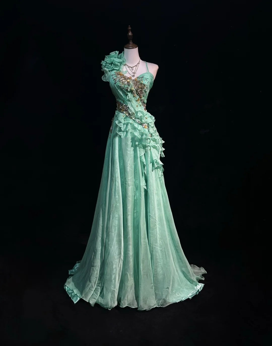Robes de bal vintage coupe trapèze asymétriques vert menthe années 70 avec volants en mousseline longue robe de soirée formelle N2525