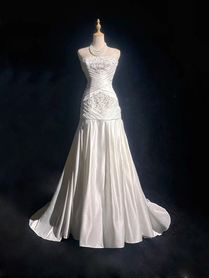 Vintage 90er Abschlussballkleider Meerjungfrau Trägerlos Weiß Chiffon Mit Rüschenperlen Langes Ballkleid N3036