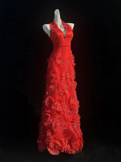 Vintage Prom Dresses 80s Mermaid Halter Red With Ruffle Tiered Floor Length Formal Outfits RB4328