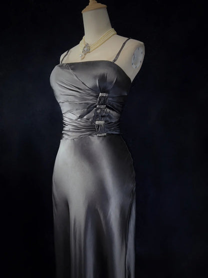 Modest Prom Dresses Mermaid Spaghetti Strap Grey Satin Long Evening Outfits N3471