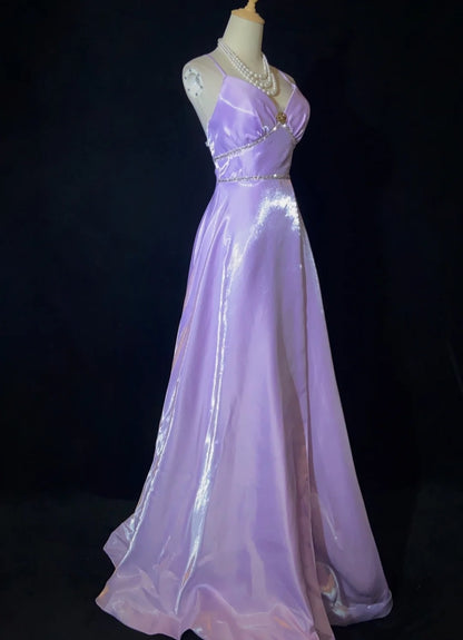 Robes de bal vintage des années 90, trapèze, à bretelles spaghetti, couleur lilas, longues, semi-formelles, tenues de soirée N3658