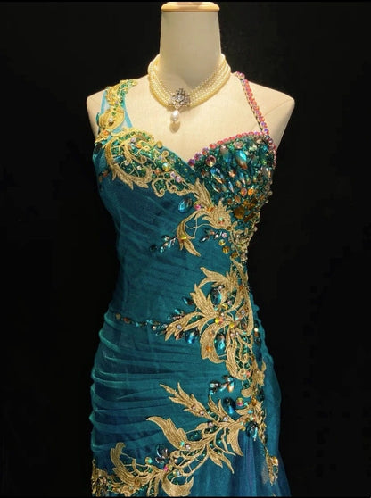 Robes de bal modestes Sirène Bretelles Spaghetti Tulle bleu sans manches Tenues de soirée longues et formelles N3632
