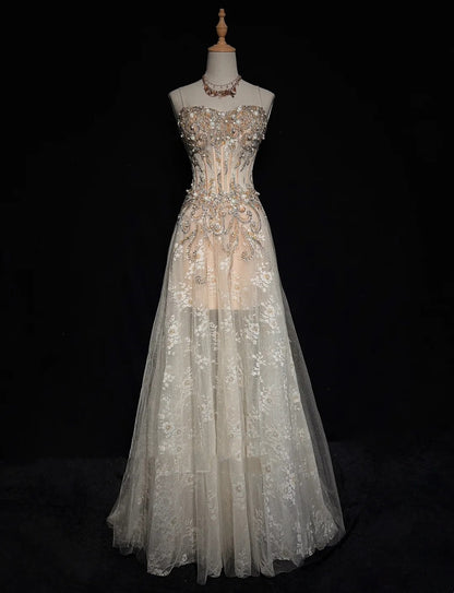 Robes de bal vintage des années 90, ligne A, bretelles spaghetti, tulle champagne, longues tenues de soirée semi-formelles N3651