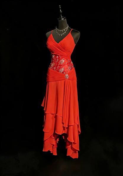 Robes de bal vintage esthétiques Années 80 Rétro Coupe trapèze Rouge Sans dos Mousseline Mi-longue Tenues de soirée N2323