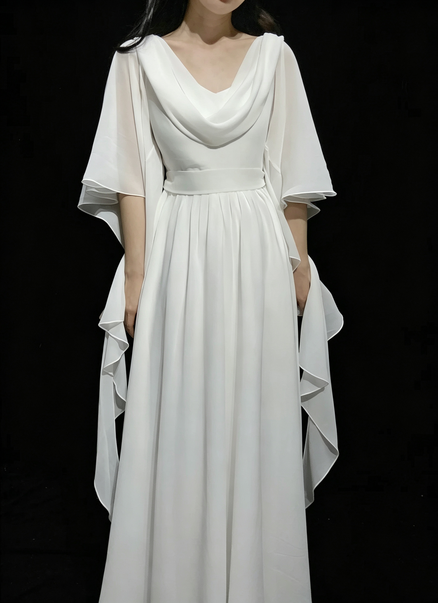 Vintage Prom Dresses 1970s A Line Cowl Neck White Chiffon With Sleeves Prom Dresses Evening Formal Outfits RB5128