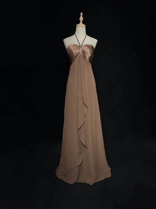 Vintage Prom Dresses A Line Halter Brown Sleeveless Chiffon 80s Long Formal Gown N2759