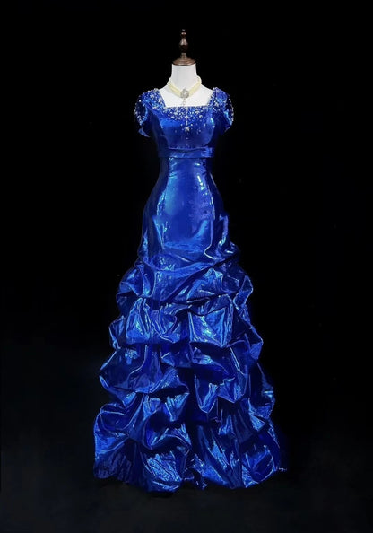 Robes de Bal Vintage Années 60 Sirène Col Carré Organza Bleu Roi Avec Longue Robe de Bal Perlé N3116
