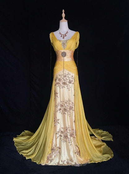 Robes de bal modestes sirène col en V mousseline jaune avec perles dentelle dorée longue robe de soirée formelle N3867