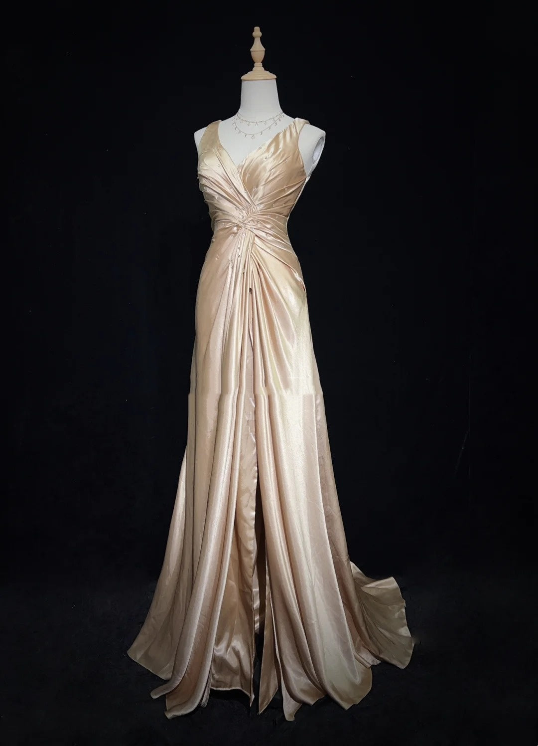 Vintage Abschlussballkleider Inspo A-Linie V-Ausschnitt Gold Satin Lang 1990er Mit Perlen Abendkleider N3347