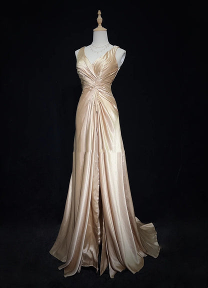 Vintage Abschlussballkleider Inspo A-Linie V-Ausschnitt Gold Satin Lang 1990er Mit Perlen Abendkleider N3347