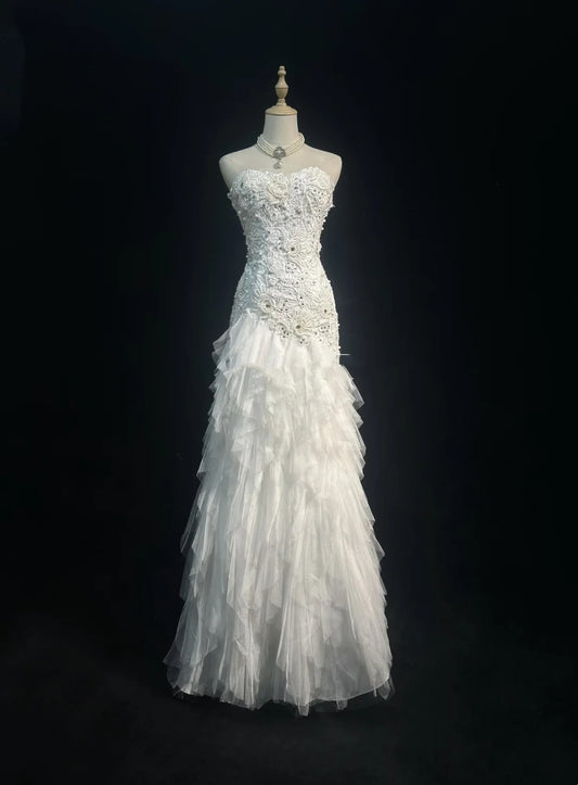 Simple Wedding Dresses Mermaid Sweetheart Lace And Tulle White Summer Beach Long Wedding Gown N3832