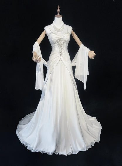 Robes de Mariée Intemporelles Sirène Bretelles Spaghetti Mousseline Blanche avec Écharpe Longue Robe de Mariée N3063