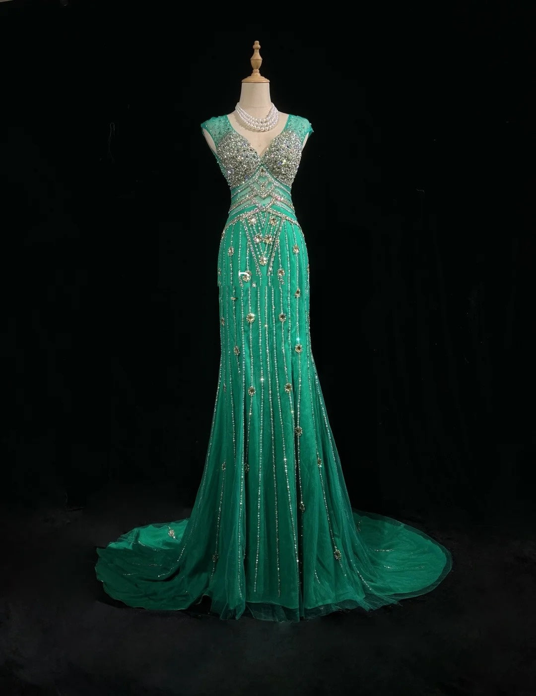 Vintage Sirène Col en V Vert Dos Nu Robes de Soirée Longues de Bal Tenues Formelles RB3941