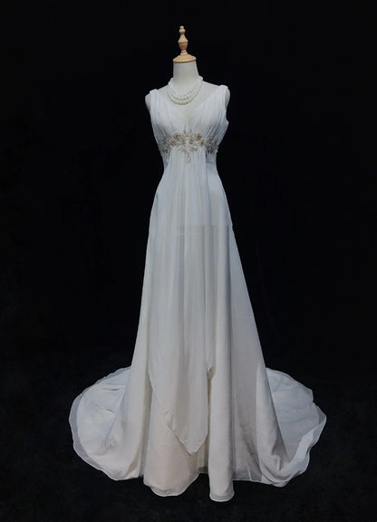 Einzigartige Brautkleider A-Linie V-Ausschnitt Weiß Chiffon Strand Sommer Boho Langes Brautkleid N3298