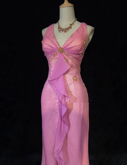 Idées de robes de bal modestes sirène col en V mousseline rose avec perles à volants pour femme robe de soirée formelle N3231