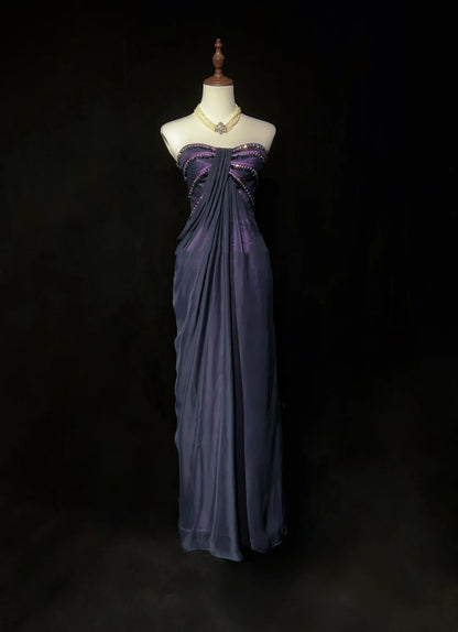 Robes de bal vintage esthétiques, coupe trapèze, bustier cœur, violet, avec perles, robe de soirée longue N3064