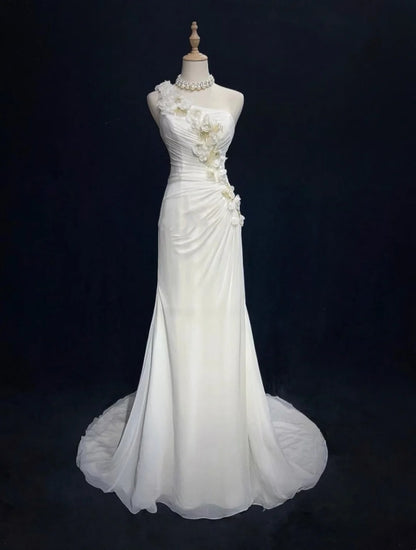 Robes de mariée uniques sirène asymétrique en mousseline blanche avec perles, robe de mariée longue pour jardin d'été N3679