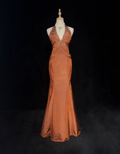 Vintage Abschlussballkleider Meerjungfrau Neckholder Orange Taft mit Perlen 90er Langes Abendkleid N2917