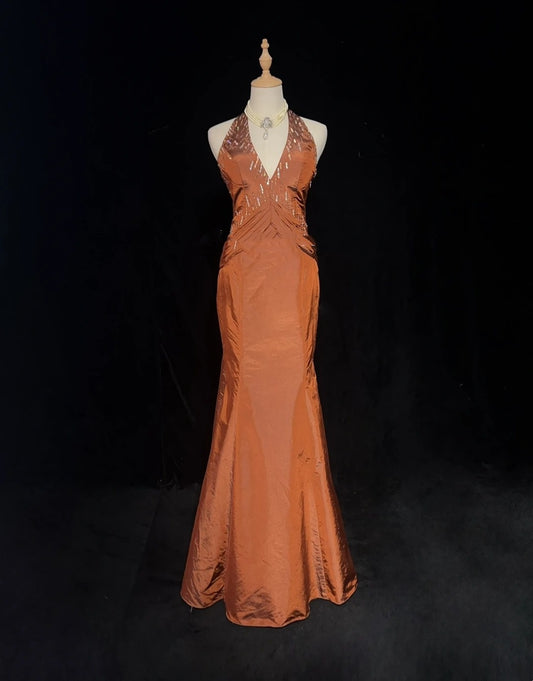 Vintage Prom Dresses Mermaid Halter Orange Taffeta With Beads 90s Long Evening Gown N2917