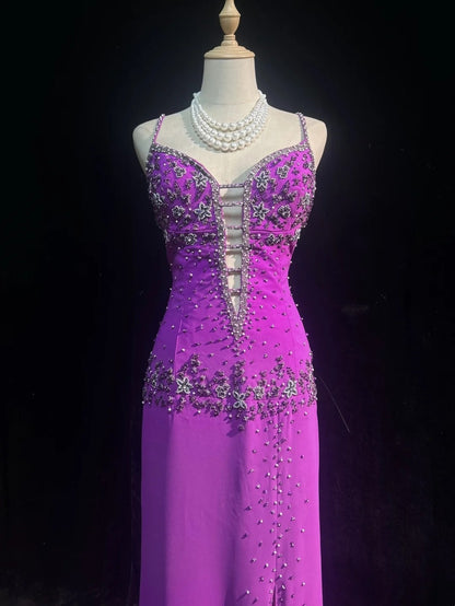 Robes de bal vintage en mousseline de soie, ligne A, bretelles spaghetti, couleur raisin, avec perles, fendue, robe de soirée longue N2456