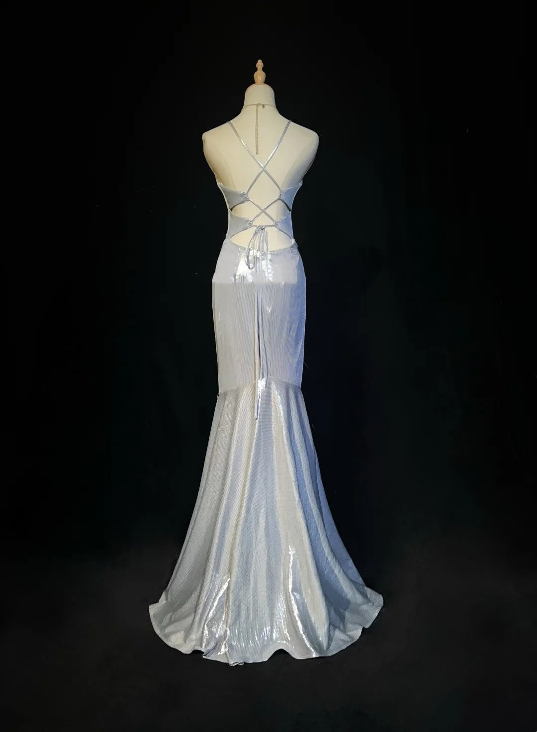 Inspirations Robes de Bal Vintage Sirène Bretelles Spaghetti Argent Dos Nu Années 80 Longue Robe de Soirée N2741