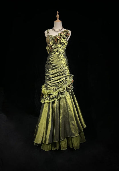Vintage Abschlussballkleider Meerjungfrau Olivgrün Satin mit Perlenstickerei 90er Jahre Langes Abendkleid N2591