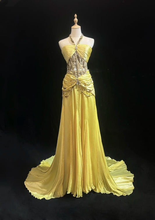 Vintage Prom Dresses A Line Halter Yellow 70s With Beading Chiffon Long Formal Party Dress N2526