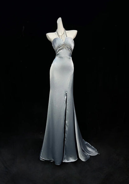Vintage Prom Dresses 1950er Meerjungfrau Neckholder Silbergrau mit Schlitz Ärmellose Abendgarderobe Formelle Outfits RB4341