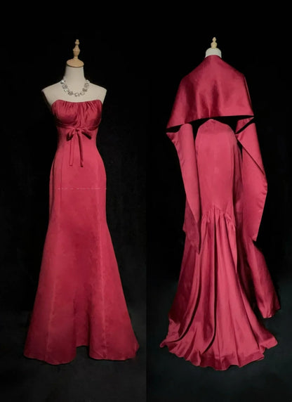 Glamouröse Abschlussballkleider Meerjungfrau Sweetheart Hot Pink Satin mit Umhang Langes Abendkleid N2888