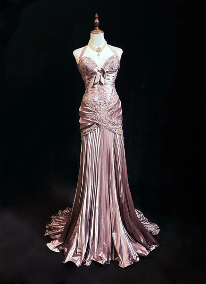 Robes de bal vintage des années 80 sirène dos nu satin rose avec volants longues tenues de soirée N3452