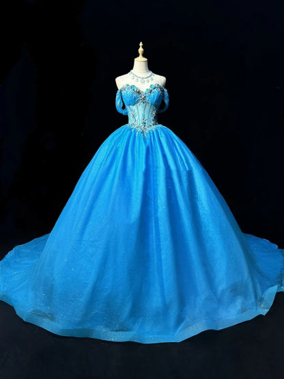 Princess Ball Gown Off The Shoulder Blue Tulle With Appliqued Lace Sweet 16 Dresses Quinceanera Dress RB3289