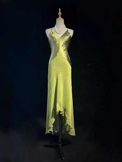 Modest Prom Dresses High Low Spaghetti Strap Green Satin Long Evening Outfits N3472