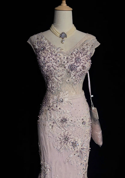 Robes de bal vintage des années 80 sirène col en V rose dentelle applique longues tenues de soirée formelles N3481