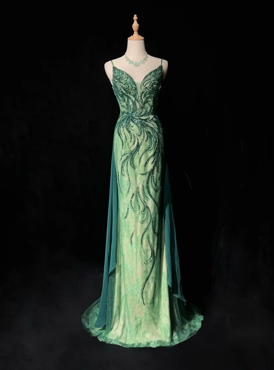 Robes de bal vintage sirène à fines bretelles vertes perlées années 90 longue robe de soirée formelle N2649