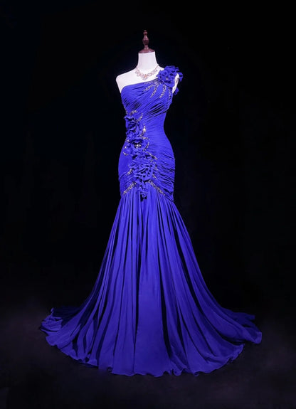 Vintage Meerjungfrauen-Abschlussballkleider One Shoulder Royalblau Chiffon mit Perlenbesatz 3D-Blumen Langes Ballkleid N2458