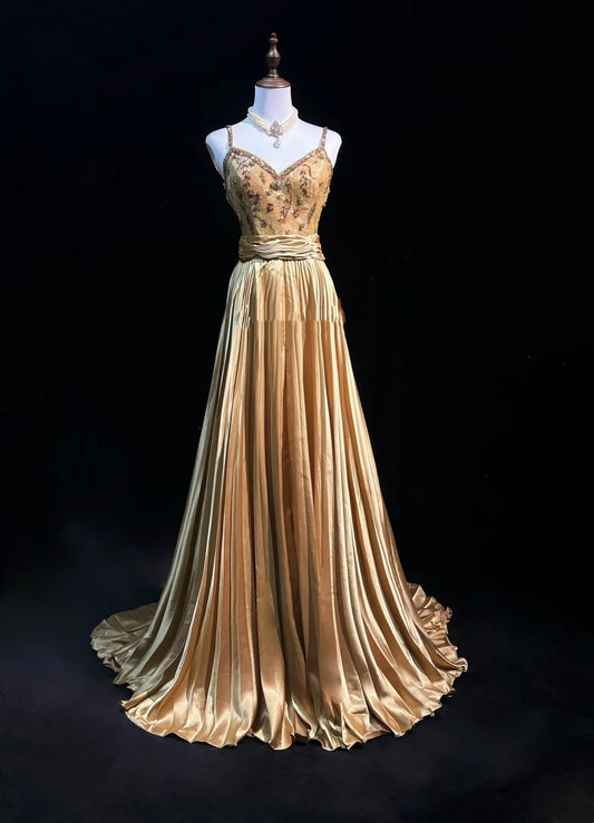 Vintage Prom Dresses A Line Spaghetti Strap Gold Satin With Ruffles Beading Long Formal Dress N2501