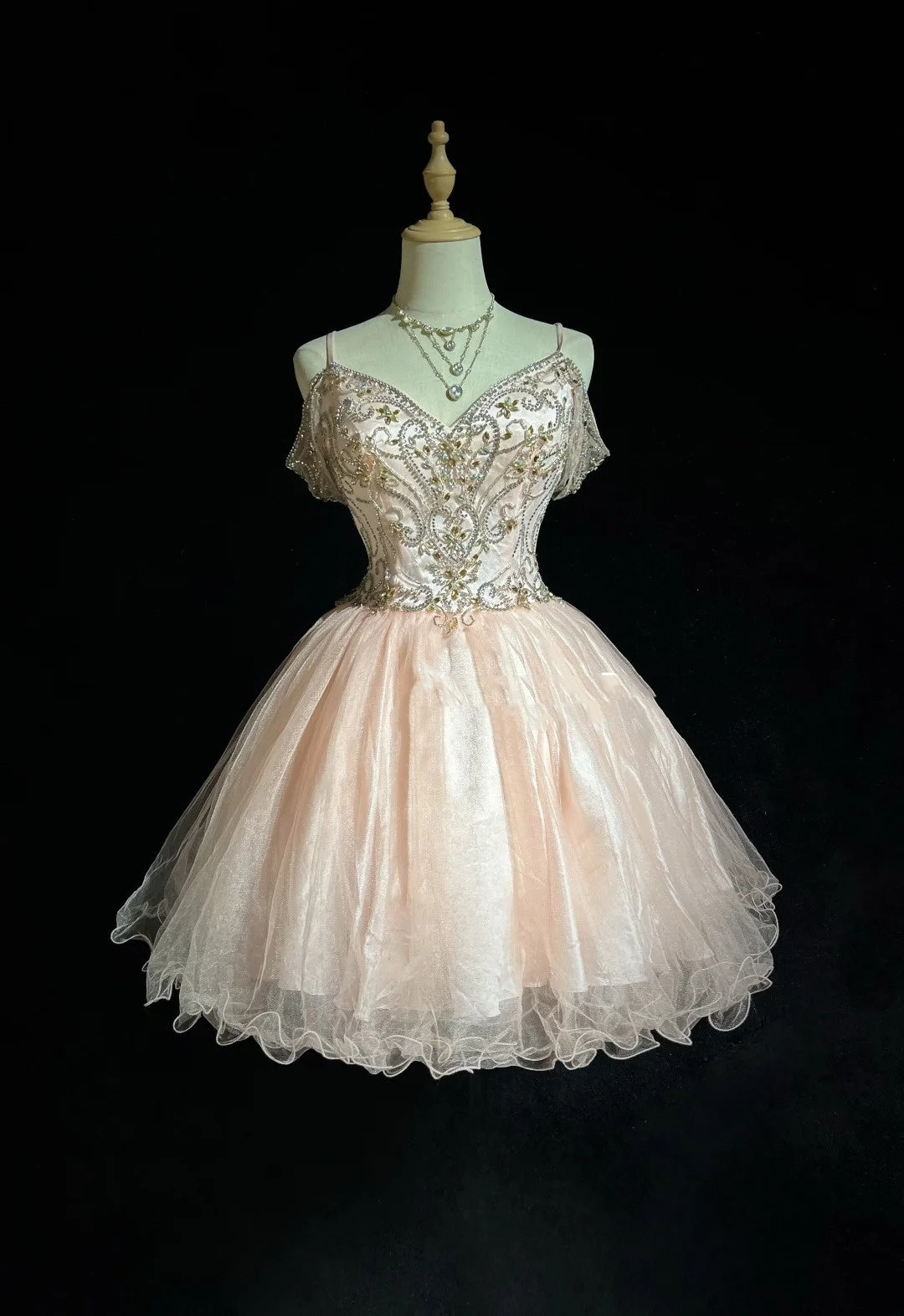 Robe de Bal Princesse à Bretelles Fines en Tulle Rose Poudré, Robes Courtes de Rentrée Hoco N3058