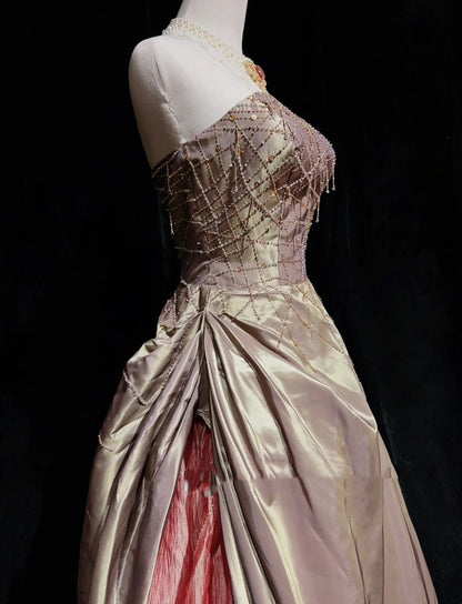 Robes de bal vintage pour le bal de fin d'année, bustier en satin rose poudré des années 80 avec perles, longues tenues de soirée formelles N3870