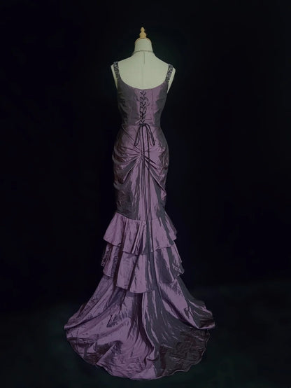 Robes de bal vintage des années 90 sirène bustier cœur en taffetas violet avec perles et volants longue robe de soirée semi-formelle N3670