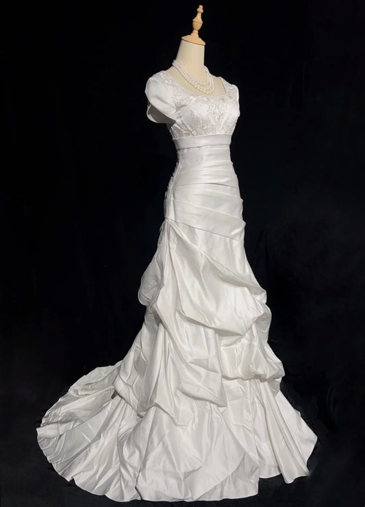 Timeless Wedding Dresses Mermaid Square Neck White Satin With Sleeves Beaded Long Brides Gown N3443
