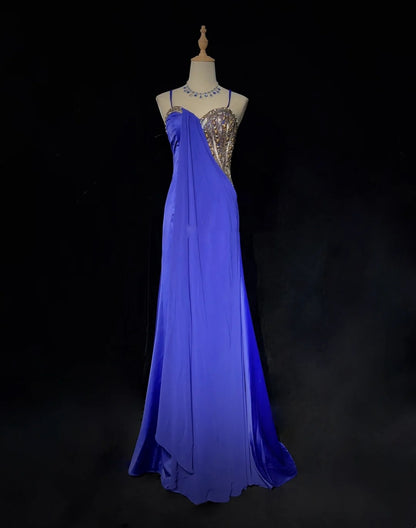 Robes de bal vintage sirène à fines bretelles bleu roi années 70 avec perles robe de soirée longue N2516