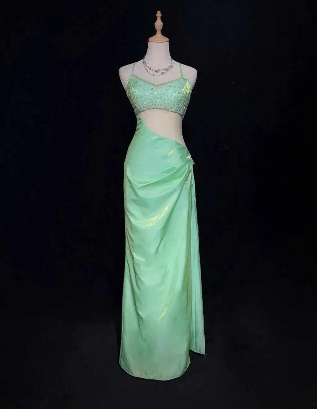 Gothic Glam Abschlussballkleider Meerjungfrau Spaghettiträger Minzgrün Ärmellos Mit Perlen Halbformelles Abendkleid N3801