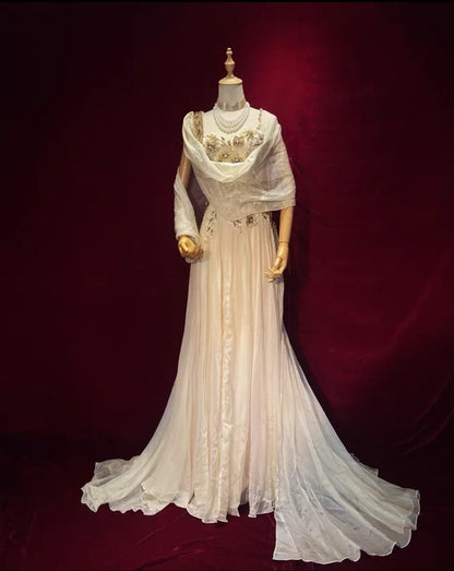 Magnifiques robes de bal ligne A bretelles mousseline de soie champagne clair avec cape tenues de soirée longues N3439