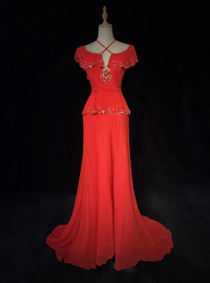 Vintage Prom Dresses Inspo Mermaid Halter Red Chiffon With Beading For Women Formal Dress N3265