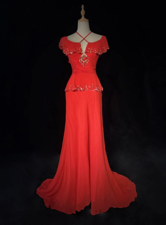 Vintage Prom Dresses Inspo Mermaid Halter Red Chiffon With Beading For Women Formal Dress N3265