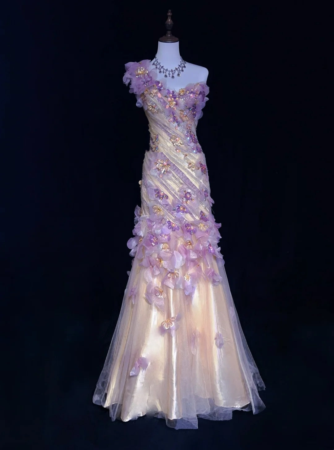 Robes de bal années 90 de rêve Sirène Asymétrique Lilas avec Fleurs 3D Tenues de soirée formelles N3802