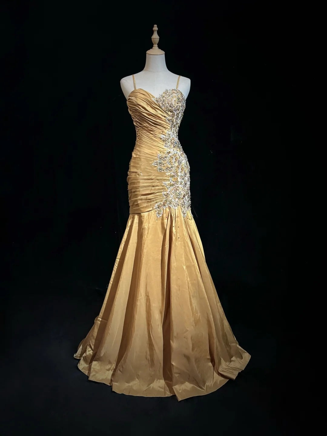 Vintage Prom Dresses Mermaid Spaghetti Strap Gold Satin With Beads Appliques Floor Length 80s Formal Gown N2584