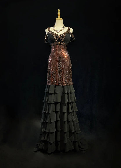 Sparkly Prom Dresses Mermaid Spaghetti Strap Black Chiffon With Sleeves Evening Outfits Long Formal Dress RB3259